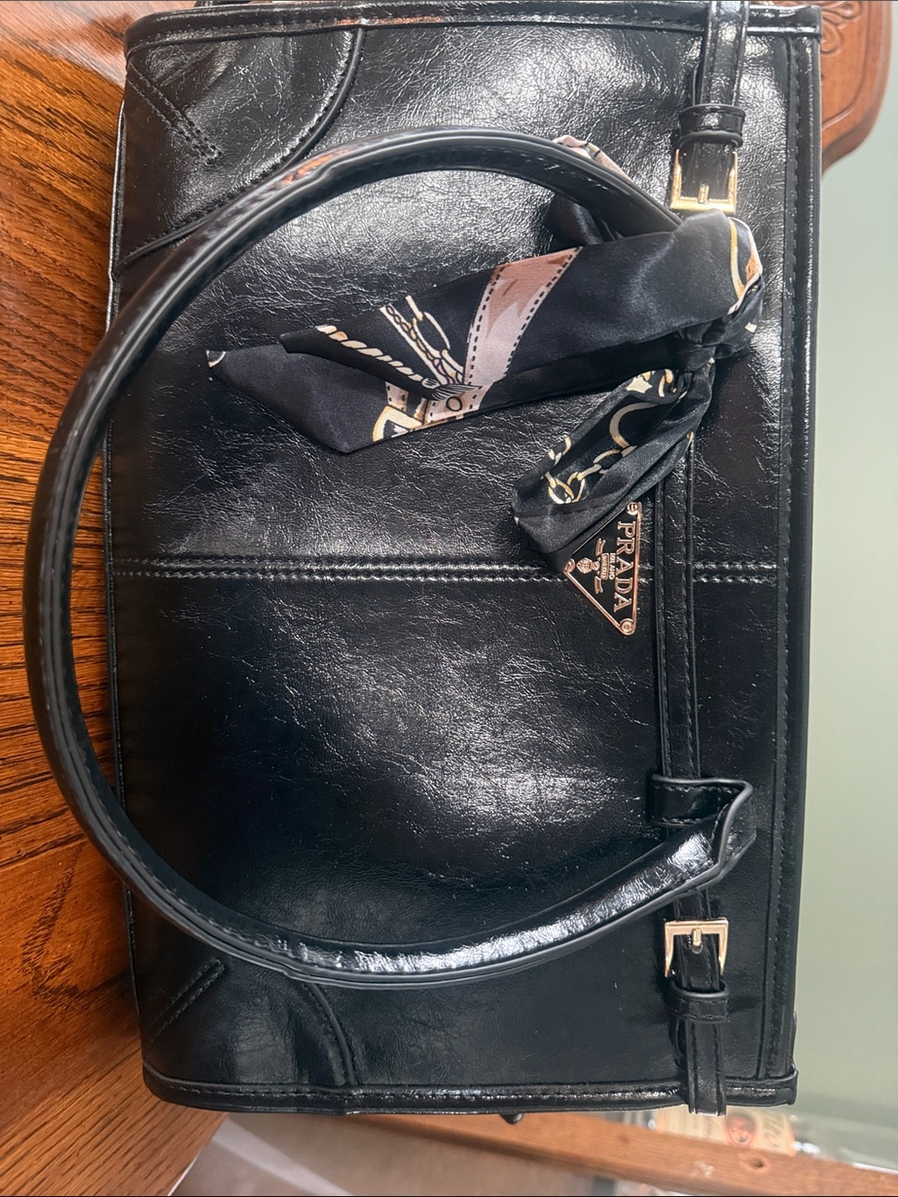 Prada Black Leather Top-Handle Satchel with Scarf Detail